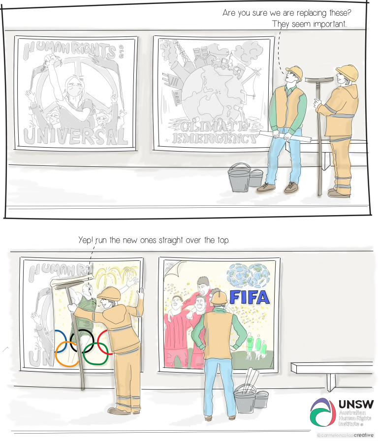 A cartoon depicting two men papering over posters of human rights issues with advertisements about the World Cup and Olympics.